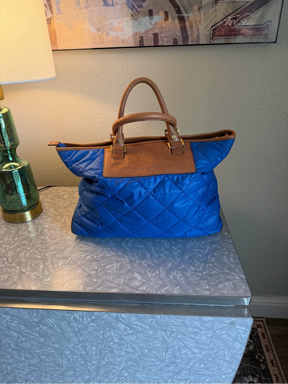 EUC Tory Burch Leather & Quilted Blue Tote. - Picture 5 of 12